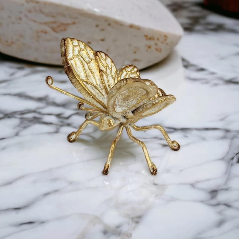 Handcrafted Cast Iron Butterfly Statue - 4.25" - Gold- Tone Finish