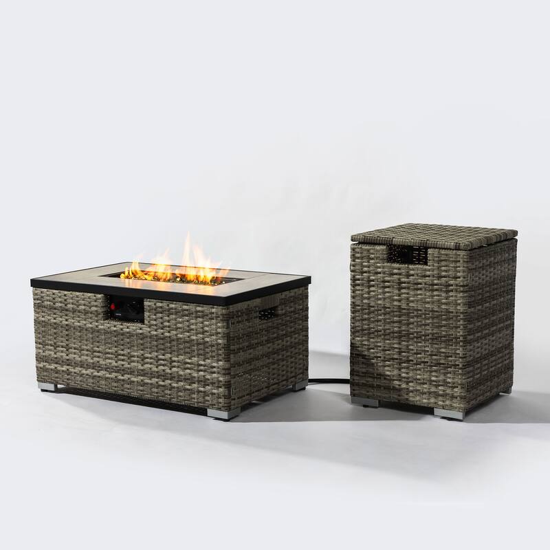 GDFStudio - Everly Beige Rattan Propane Fire Pit Table with Hidden Tank Storage and Ceramic Tile Tabletop