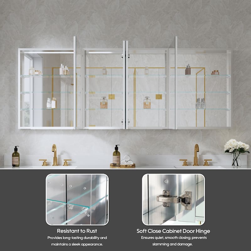 72''/80''W X 30''H Recessed Or Surface Wall Mount Bathroom Medicine Cabinet With Adjustable Glass Shelves