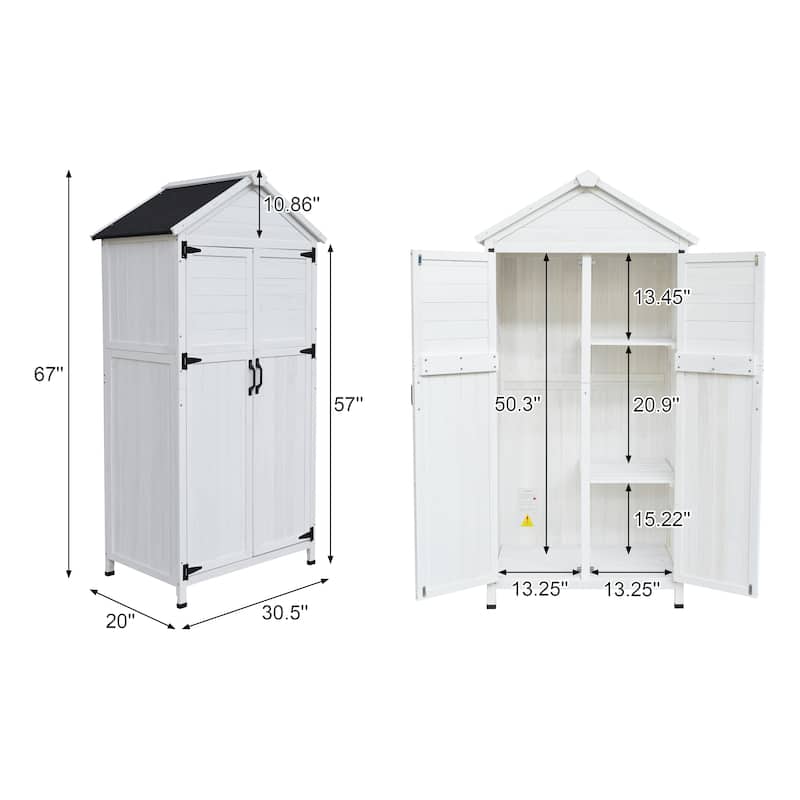 Roomfitters 67 Inch White Fir Wood Outdoor Storage Shed with Double Doors, Waterproof Roof