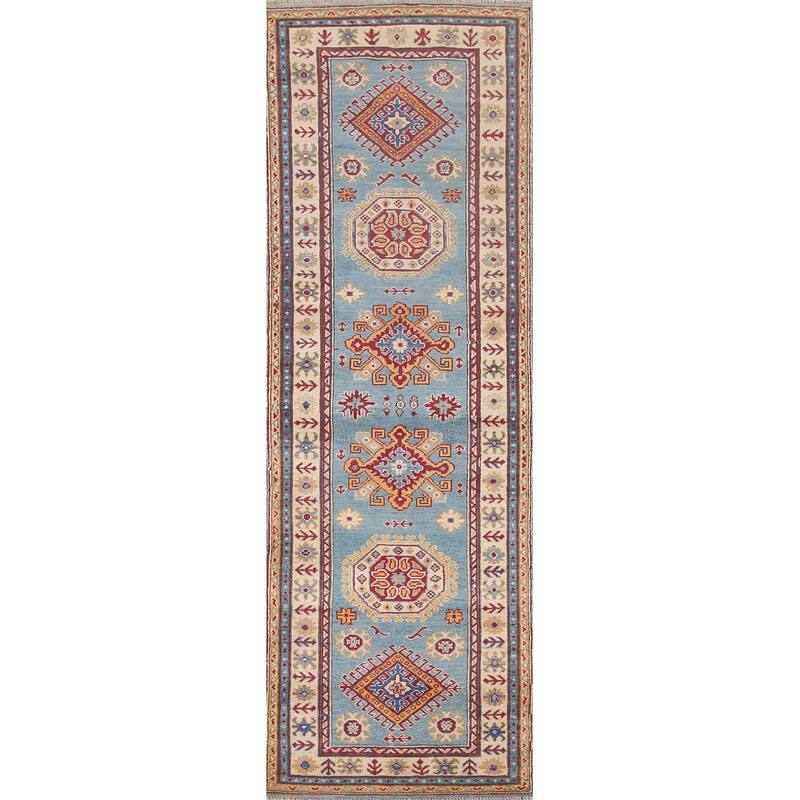 Hand Knotted Oriental 100% Wool Carpet Traditional Geometric Navy Blue & Blues Kazak Runner Rug - 9' 0'' X 2' 9''