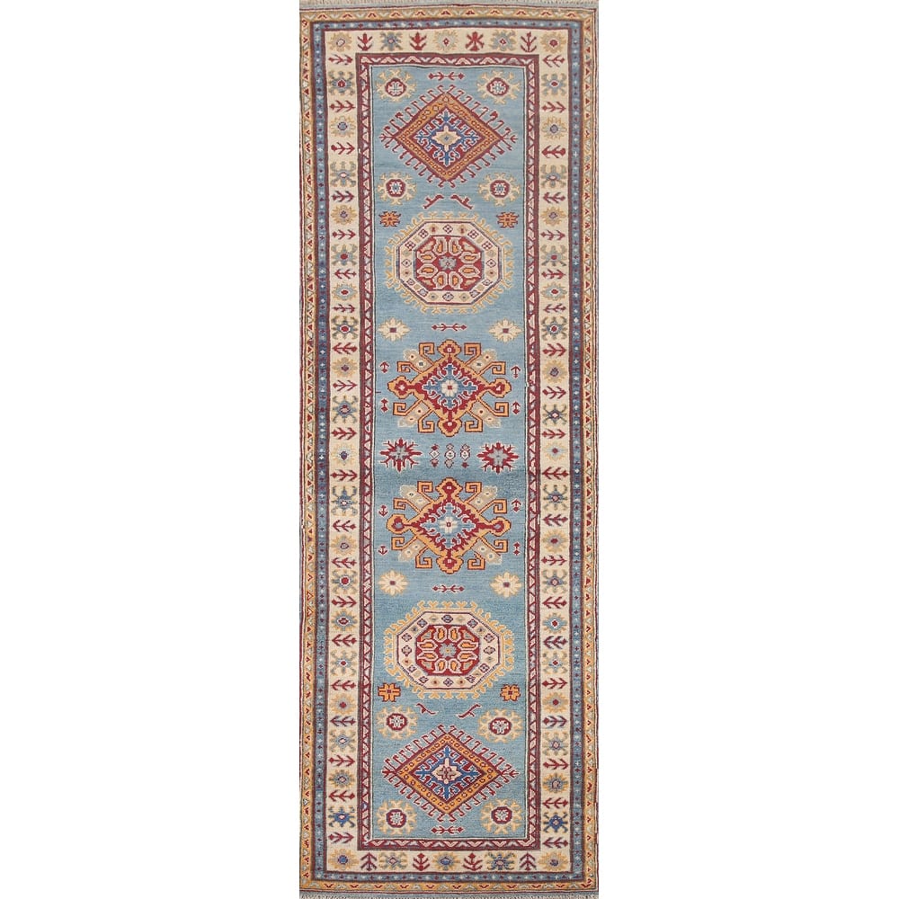 Hand Knotted Oriental 100% Wool Carpet Traditional Geometric Navy Blue & Blues Kazak Runner Rug - 9' 0'' X 2' 9''