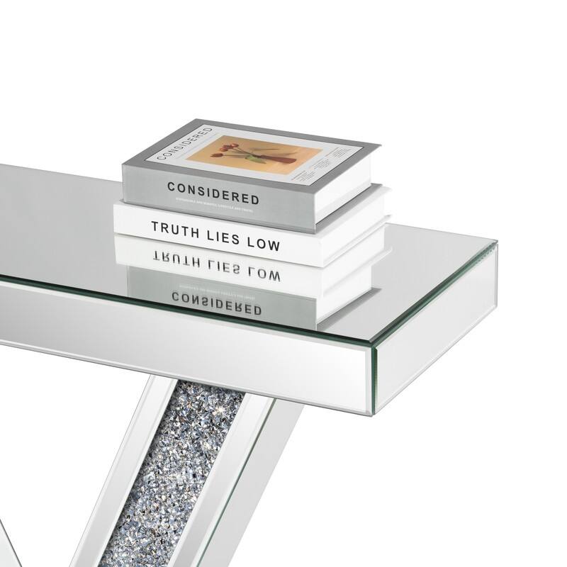 V-Shaped Frame Mirrored Console Table With Sparkling Crystal Accents