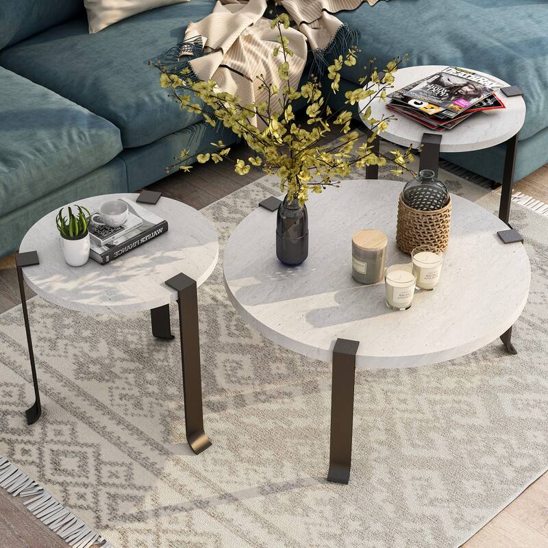 Moril Transitional 41-inch Steel Round 3-Piece Coffee Table and Side Tables Set by Furniture of America