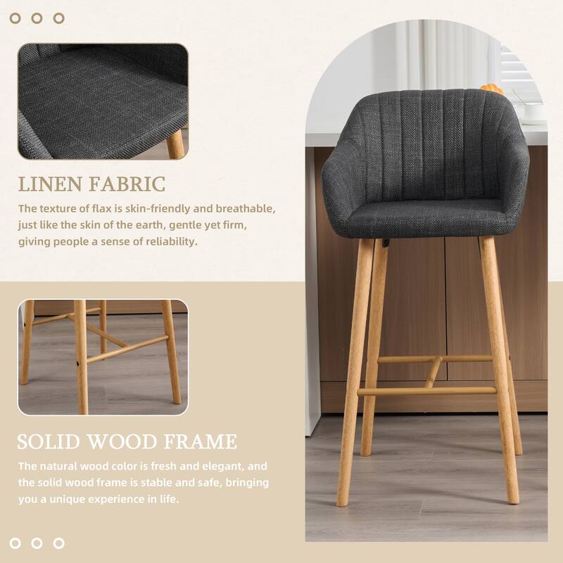 Modern Bar Stools Set of 2 with Back, Arm & Footrest, Linen Upholstered Kitchen Island Chairs