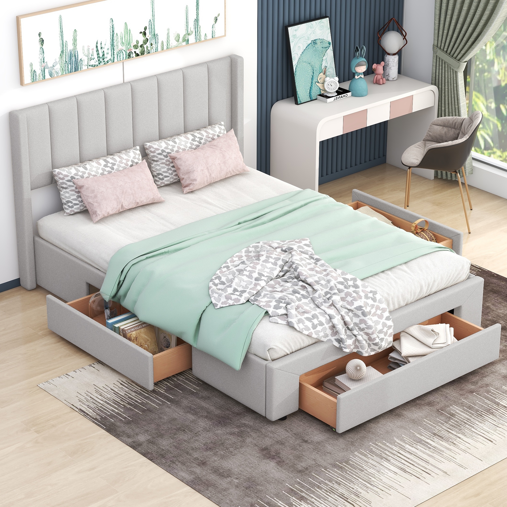 Double bed with drawers shop on one side