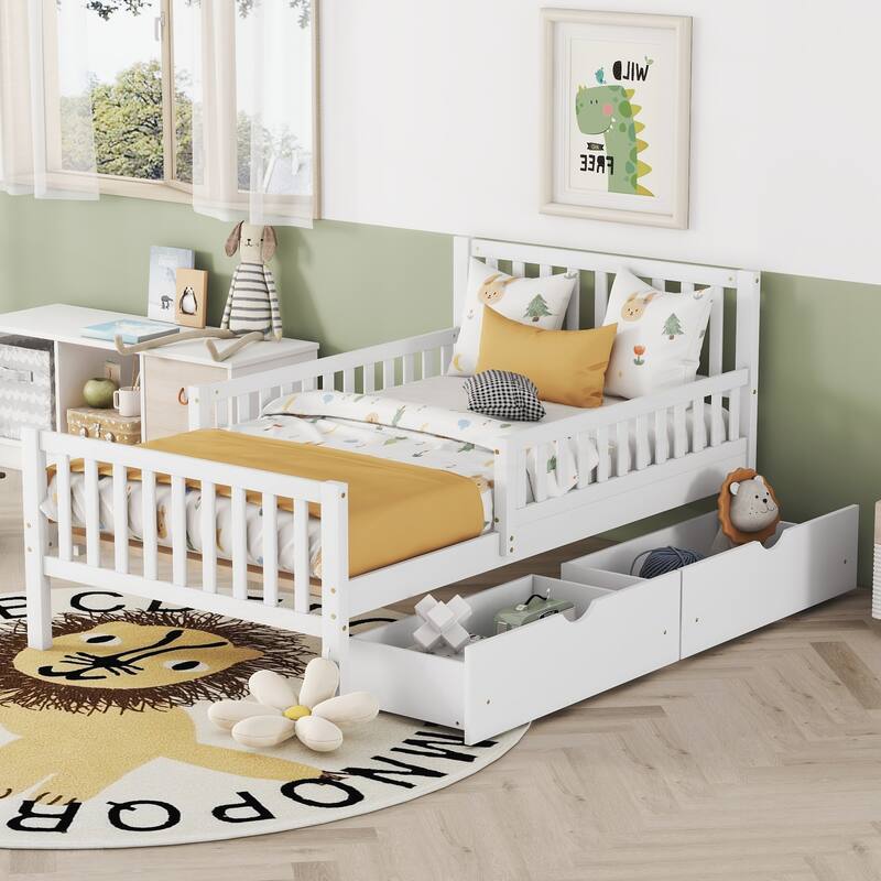 Twin Size Wood Platform Bed with Guardrails on Both Sides