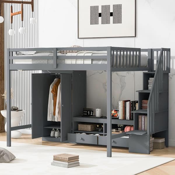 slide 2 of 14, Gray Full Size Solid Wood Loft Bed with Wardrobe and Storage Table Gray