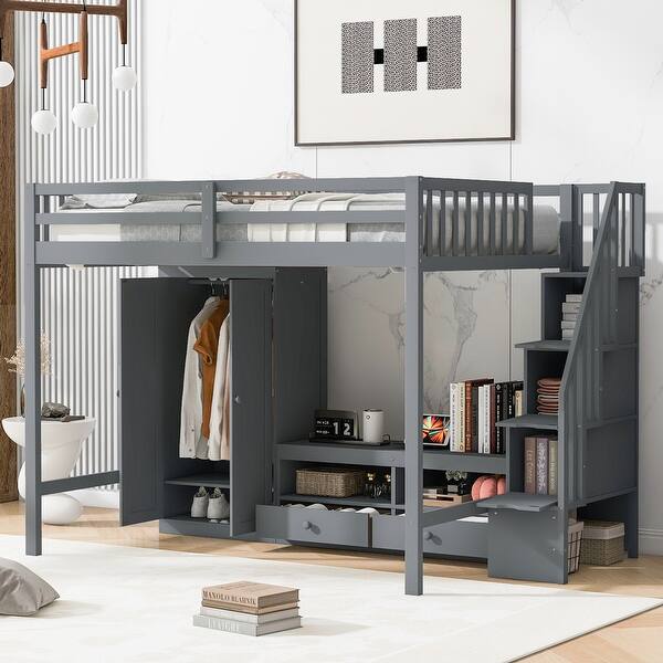 slide 2 of 14, Multifunctional Full Size Wooden Kids Bed Loft Bed Frame with Wardrobe,Low Storage Table and Storage Staircase Grey