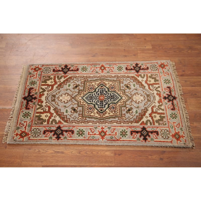Hand Knotted Oriental 100% Wool Carpet Traditional Medallion Greys & Charcoal Heriz (serapi) Area Rug - 3' 0'' X 2' 0''