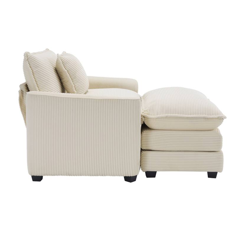 Corduroy Fabric Deep Seat Sofa with Ottoman, Single Deep Seat Accent Sofa Chair with Pillow for Livingroom