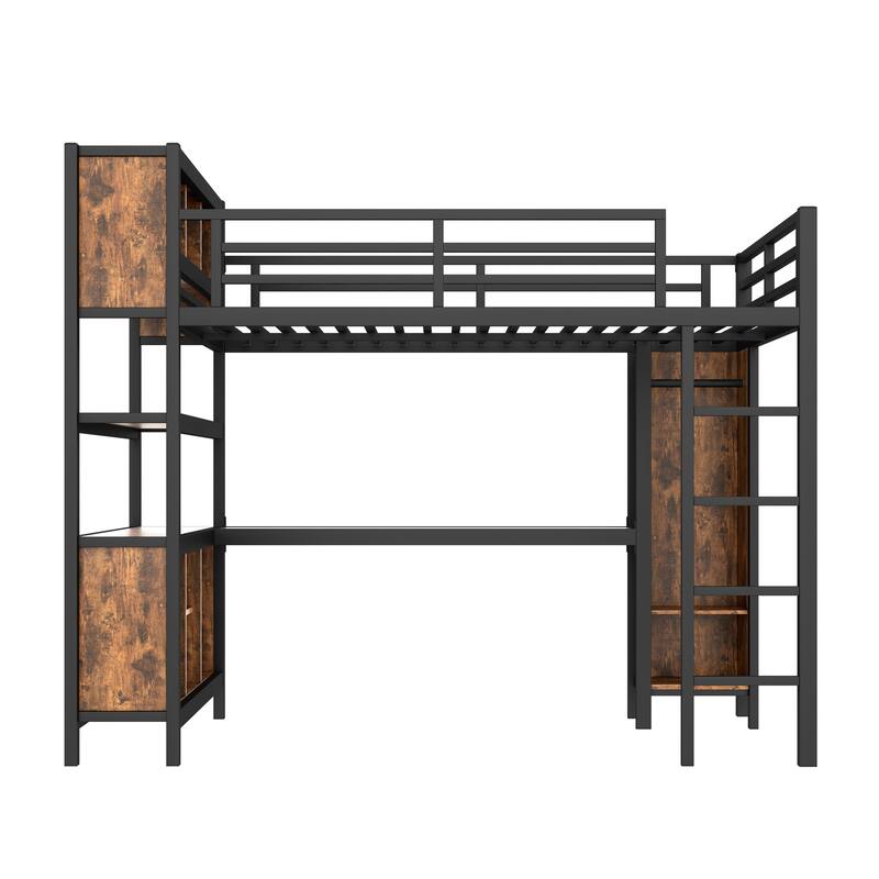 Queen Size Metal Loft Bed with Wardrobe, L-shaped Desk, and Storage Shelves