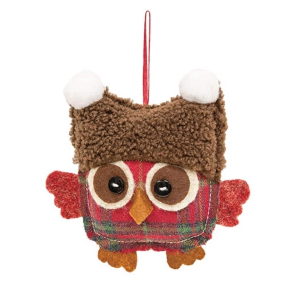 Red-Brown Felt Owl Ornament with Brown Hat and Ribbon Hanger - Height: 5.50 in.