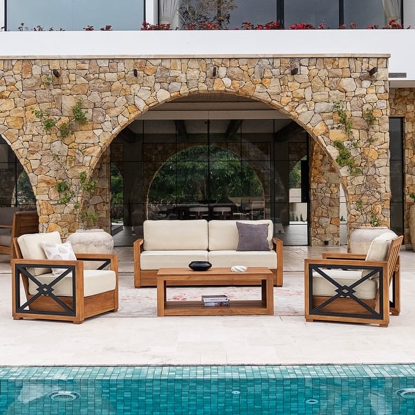 slide 2 of 12, Cambridge Casual Provence Indonesian Teak 4-Piece Outdoor Conversation Set Natural Teak/ Ivory Cushion