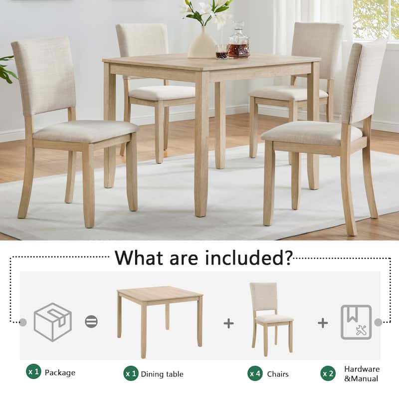 Farmhouse Dining Table Set for 4, Wooden Dining Roon Table and 4 Upholstered Chair, 5 Piece Modern Dining Set Kitchen Furniture