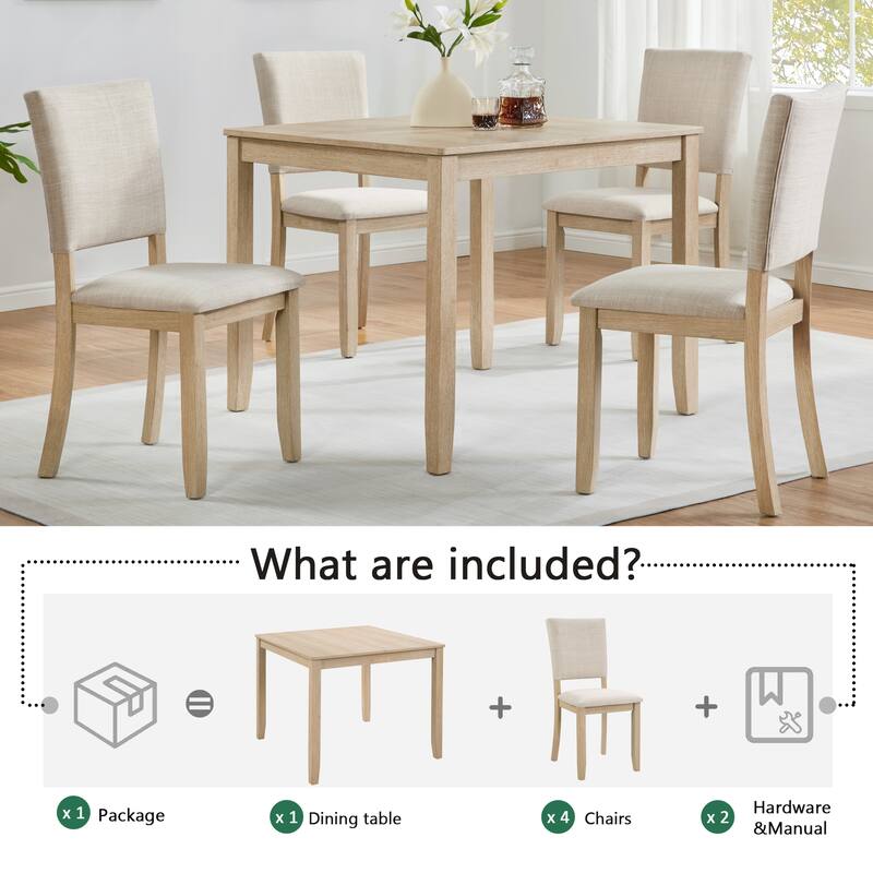 Modern Dining Table Set with Linen-Padded Seats and Backrests, for Living Rooms Kitchens, 4-Piece Set, Light Oak + Beige