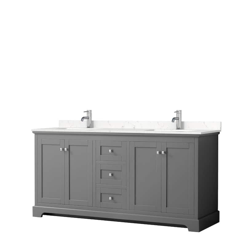 Avery 72 Inch Double Vanity, Cultured Marble Top - Dark Gray, Chrome Trim,Carrara Cultured Marble Top