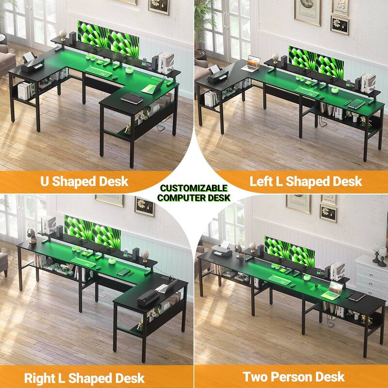 U-Shape Reversible Gaming Desk Monitor Computer Table with USB Ports and LED Lights