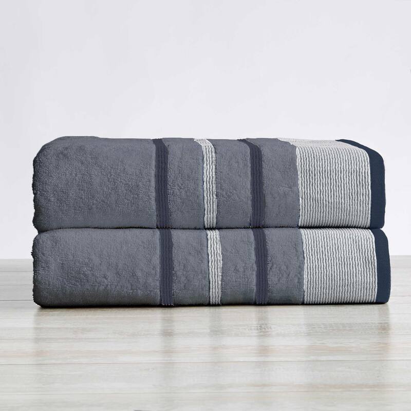 Linery & Co. Luxury Cotton Decorative Towel Set. - Bath Sheet (Pack of 2) - Chambray Blue / White / Navy Blue.