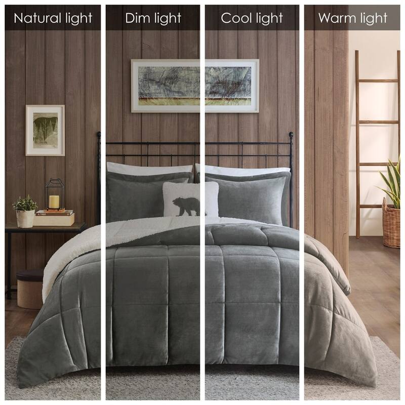 GDF Studio - Alton Plush to Sherpa Down Alternative Comforter Set - Charcoal & Ivory