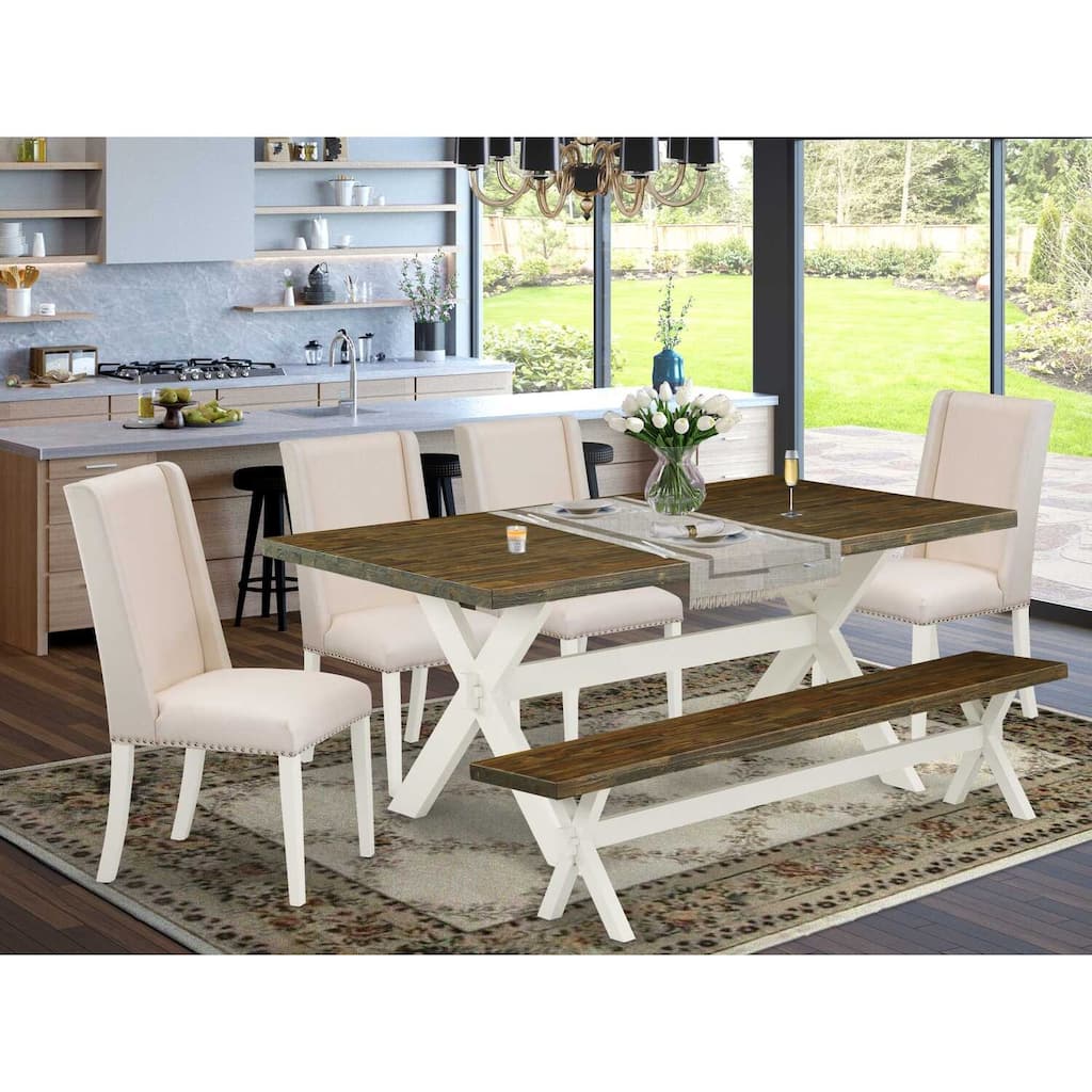 Modern 6-Piece Dining Set - Rectangular Table, 4 Chairs, & Bench - Cream Linen Fabric