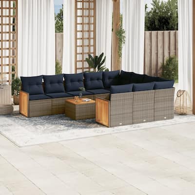 vidaXL 11 Piece Patio Sofa Set with Cushions Gray Poly Rattan - 134.4x27.2x91.0