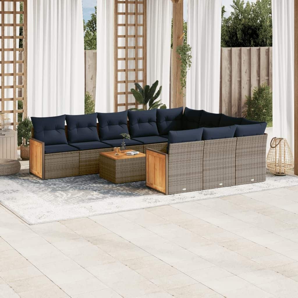 vidaXL 11 Piece Patio Sofa Set with Cushions Gray Poly Rattan - 134.4x27.2x91.0