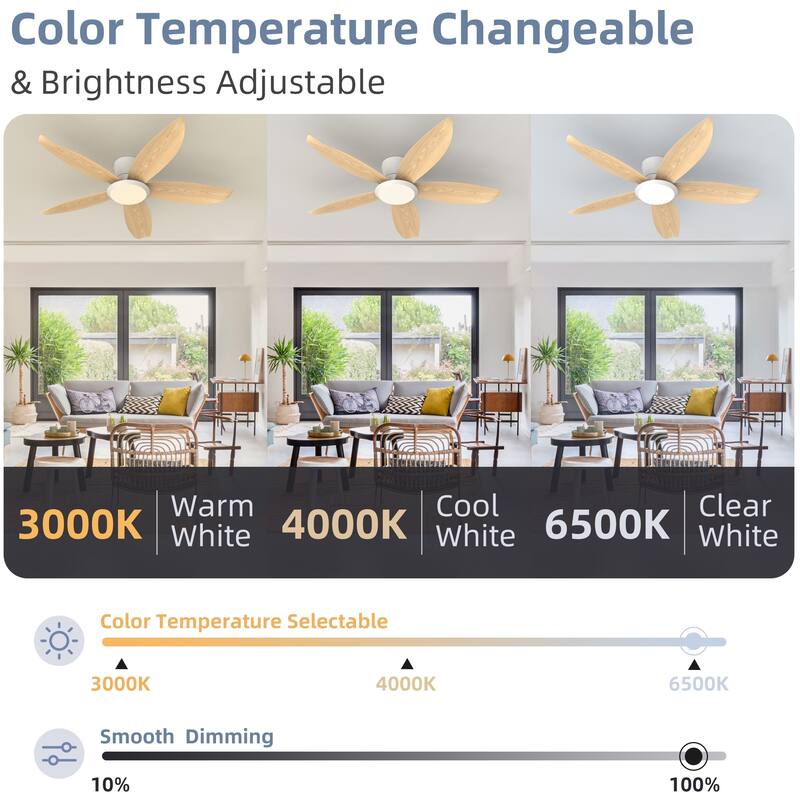 42-inch Wood Grain Finish Blades High Airflow Easy-Install Plug-in ABS Blade Ceiling Fan Light