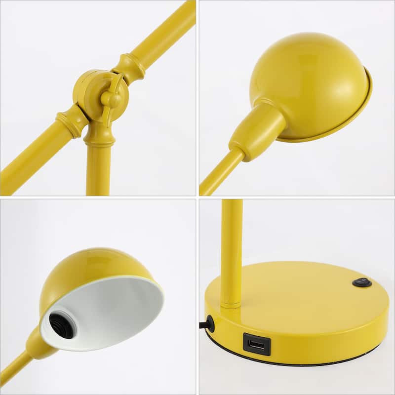 Allegra 20.25" Vintage Industrial Iron Adjustable Dome Shade LED Task Lamp with USB Charging Port, by JONATHAN Y