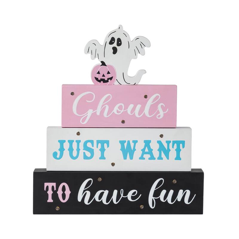 Glitzhome 11.75"H Halloween Lighted Pink Wooden Ghost Block Word Sign