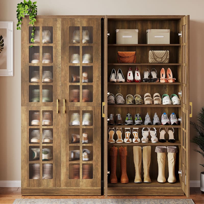 9-Tier Modern Shoe Storage Cabinet with Doors and Adjustable Shelves - 2-Piece(Brown)