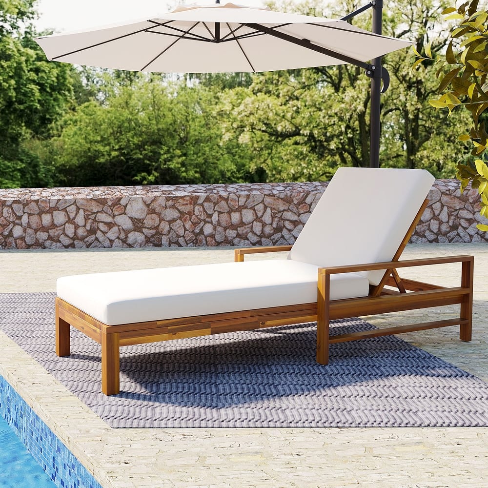 Acacia Wood Chaise Lounge Patio Recliner with Adjustable Backrest & Padded Cushion, Outdoor Sunbathing Chair for Poolside Areas