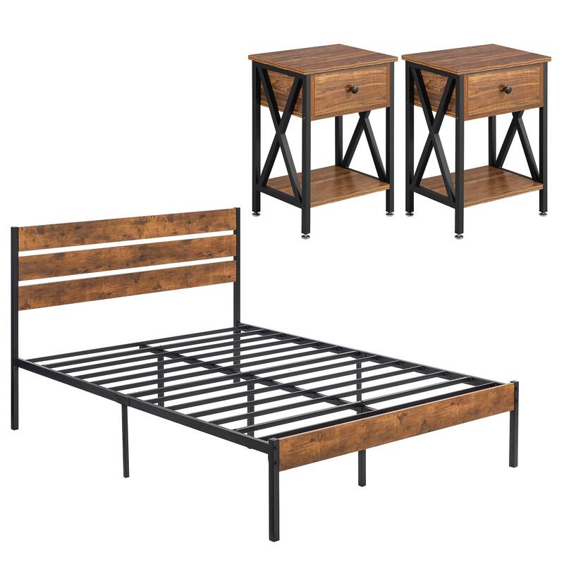 Javlergo Modern 3-Pieces Bedroom Set with Platform Bed Frame and Nightstands
