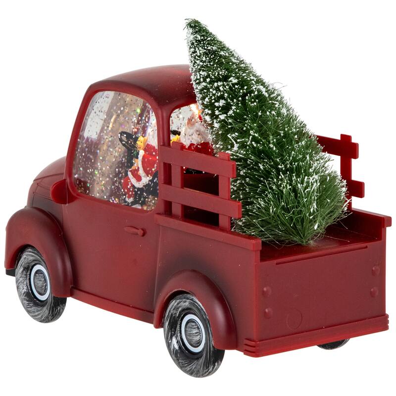 LED Santa In Red Retro Truck With Christmas Tree Snow Globe -9"