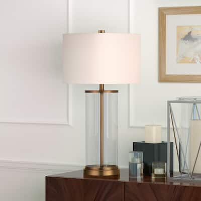 Reeves Cylindrical Clear Glass & Antique Brass Table Lamp with Linen Shade