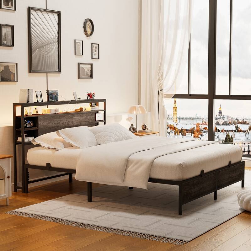 Bed Frame with Charging Station and RGB LED Lights, Sturdy Platform Bed with Storage Headboard,