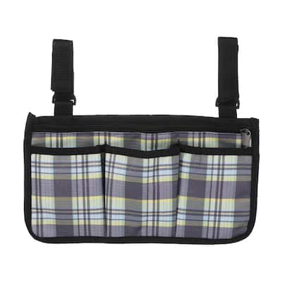 Chair Armrest Organizer, 4 Pockets Book Holder with Straps, Blue Grid