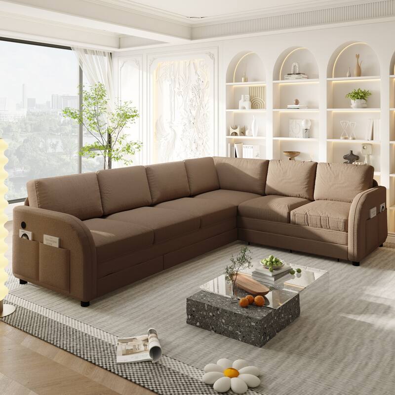115" L-Shaped Sectional with Pull-Out Bed, USB Ports & Side Pockets, King Size Upholstered Bed