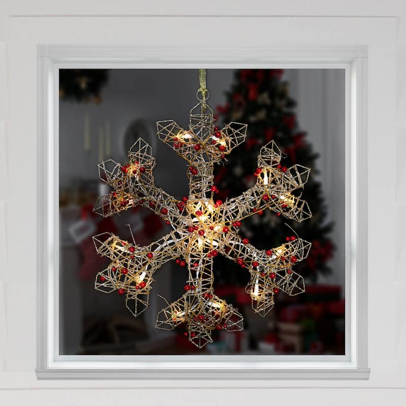 19" Silver Glittered Berry Rattan Snowflake Christmas Window Decor