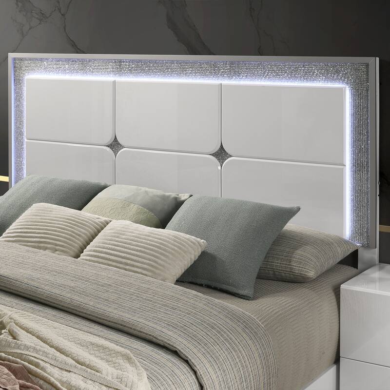 Luxurious LED Silver Rhinestone Trim on Headboard & Beveled Bed Platform Bed