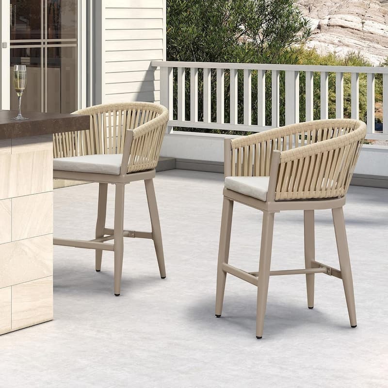 PURPLE LEAF Outdoor Bar Stools Set of 2 Patio Metal Modern Wicker Bar Chairs Woven Aluminum Barstools