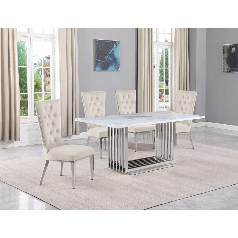 Best Quality Furniture D310/1-SC330-7 Dining Set with 68" White Marble Top - 5-Piece - Cream / Silver