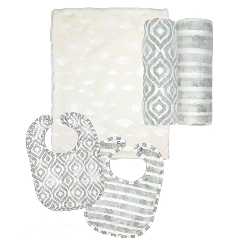 Baby Boys and Baby Girls 5 Piece Blanket Gift Set - Ivory/Gray