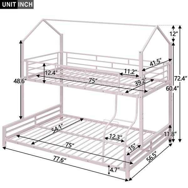 Pink Metal House Bunk Bed with Roof, Ladder, and Fence for Kids