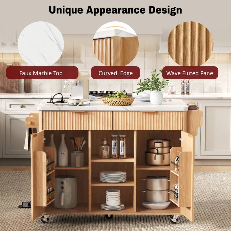 52" Fluted Kitchen Island with Drop Leaf, Power Outlet, Adjustable Shelves, 2 Doorsm & 2 Drawers