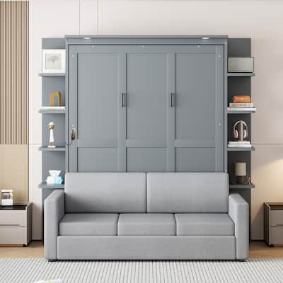 Queen Size Wooden Murphy Bed Wall Bed with Sofa and Storage Shelves