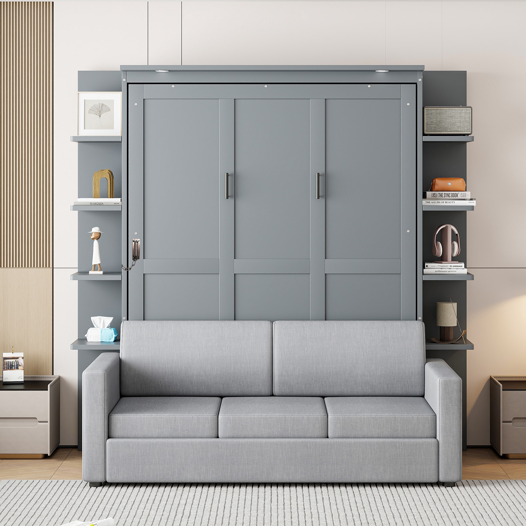Queen Size Wooden Murphy Bed Wall Bed with Sofa and Storage Shelves