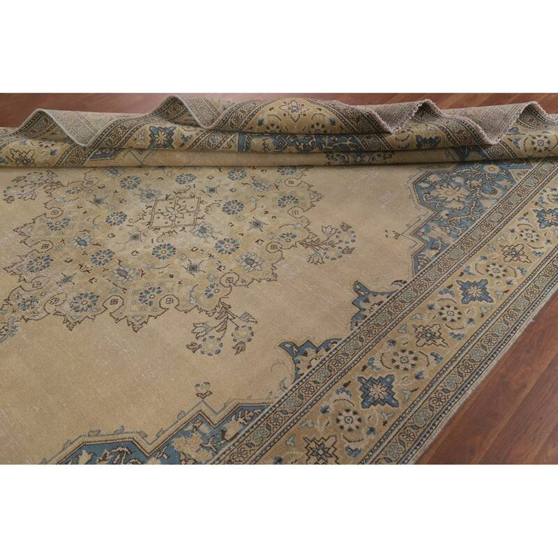 Hand Knotted Oriental 100% Wool Carpet Traditional Medallion Beige & Ivories Tabriz Area Rug - 10' 3'' X 6' 9''