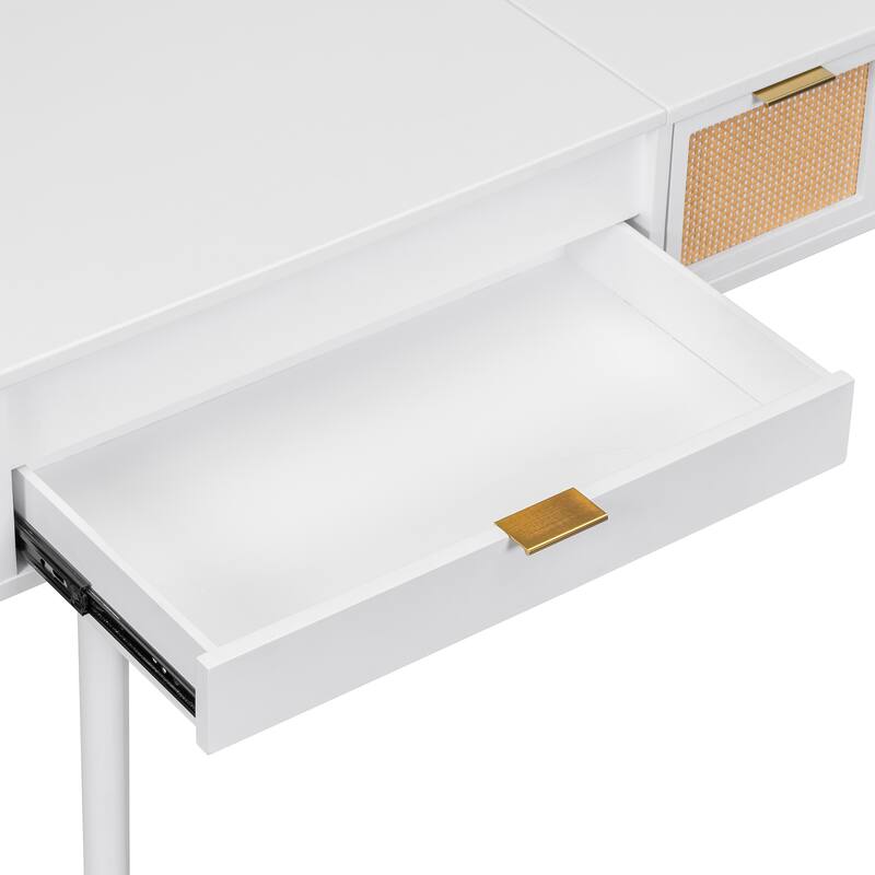 Wooden Makeup Vanity Set with Flip-top Square Mirror, Dressing Table and PU-upholstered Stool Set for Bedroom, White