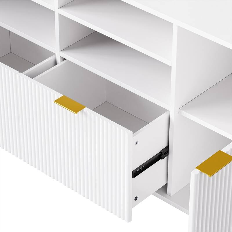 Modern 4-piece Multifunctional TV Stand Media Storage Cabinet with Fluted Line Surface and Cabinets